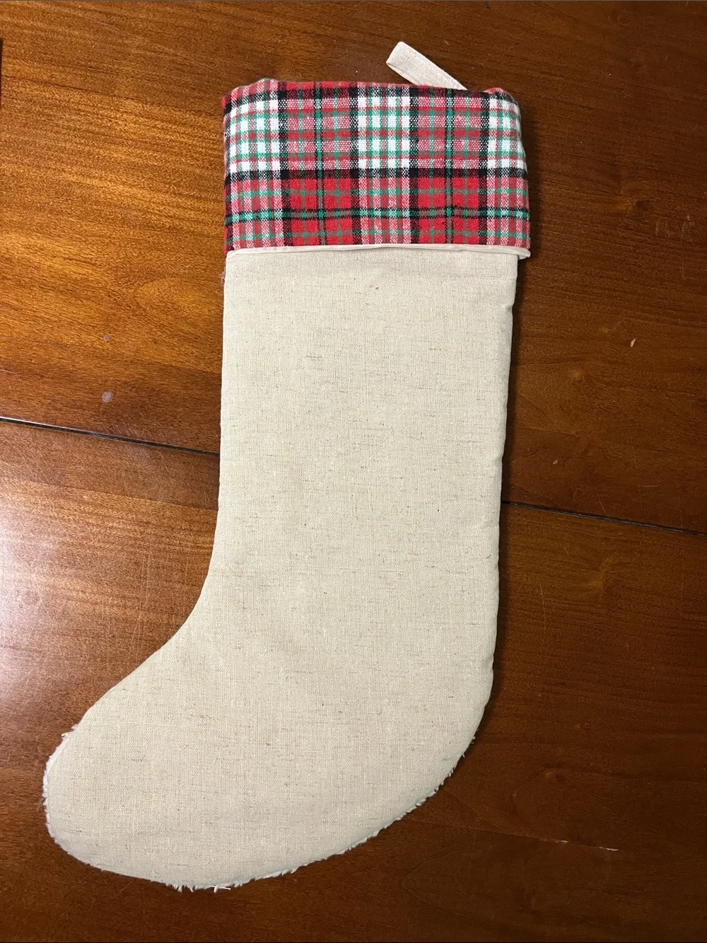 Plaid-Trim Holiday Stockings Set with Santa, Snowman & Reindeer - Cream and Red